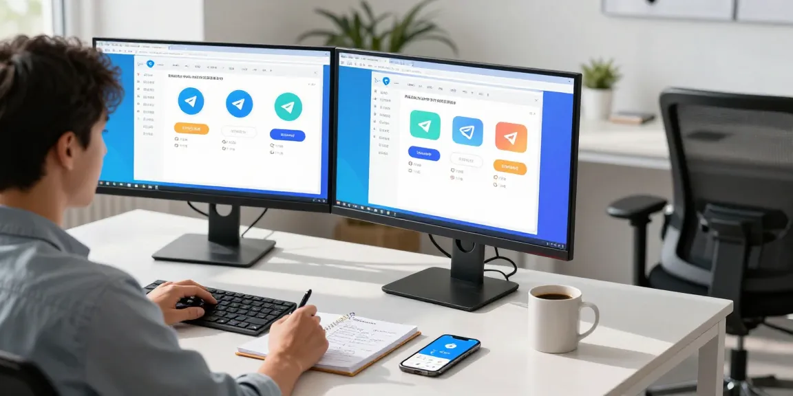 Setting up Telegram Chinese Version interface on dual monitors in a modern office.