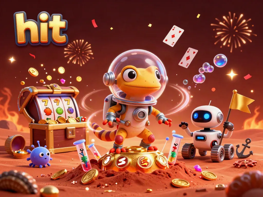 Hit into a vibrant casino scene featuring a Martian gecko and robot amidst exploding treasures and slot machines.