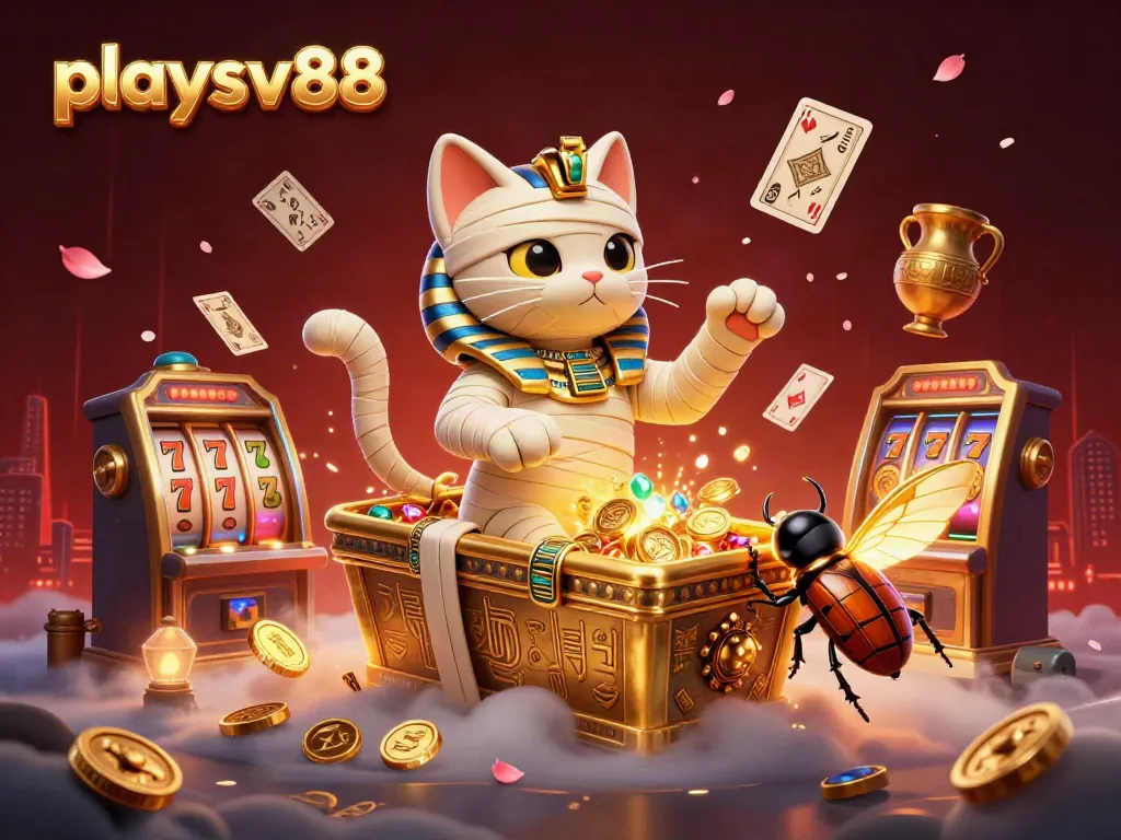 Experience excitement with playsv88 in this vibrant 3D casino scene featuring a mummy cat, scarab, and treasures.