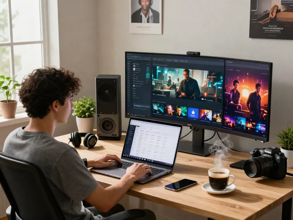 User enjoying Pikashow streaming on laptop in a modern workspace, focusing on download for windows.