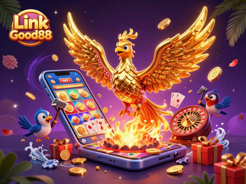 Experience immersive gaming scenes featuring Link Good88 with a golden phoenix and casino elements.