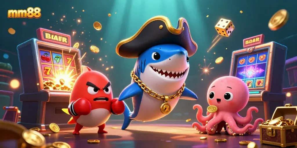 Experience exciting casino adventures with mm88 as playful characters celebrate big wins.