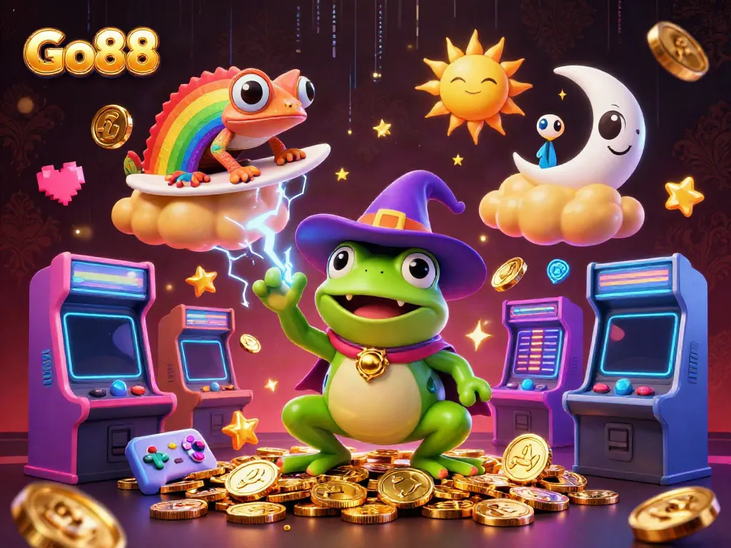 Experience the thrill of Go88 with vibrant gaming elements in a magical 3D scene.