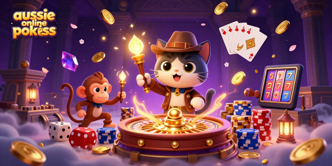 Aussie online pokies display and excitement with a 3D cartoon explorer cat and monkey amid casino treasures.