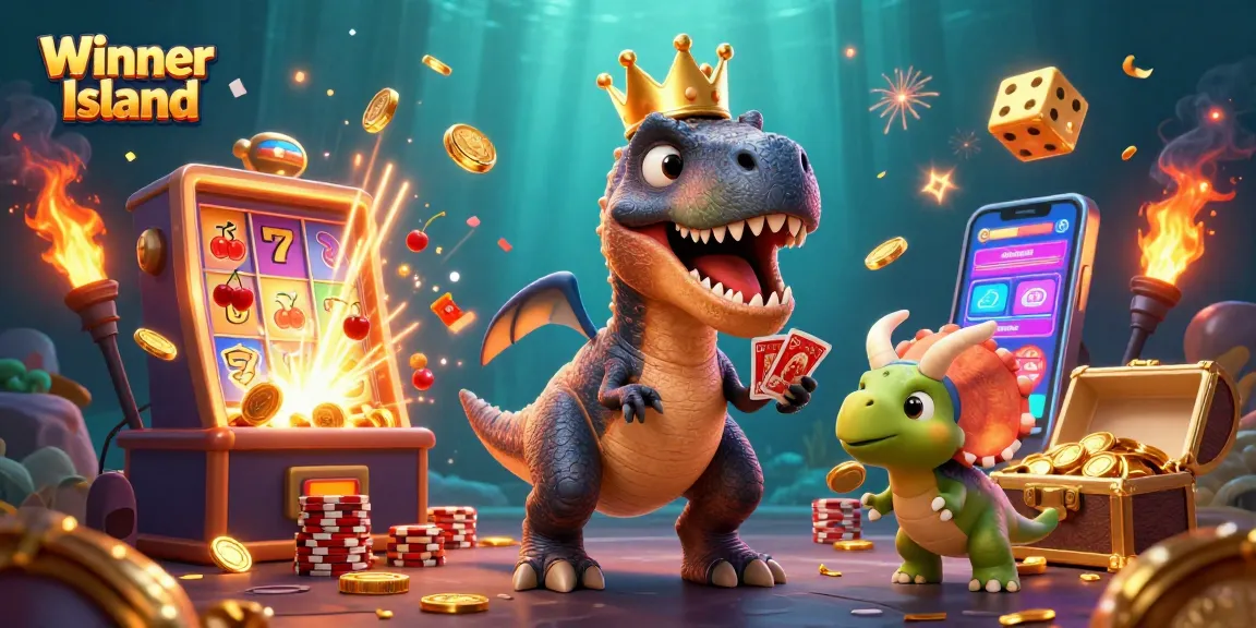 Engaging scene depicting Winner Island with a T-Rex shuffling cards and a baby triceratops stacking chips, highlighting a vibrant casino atmosphere.