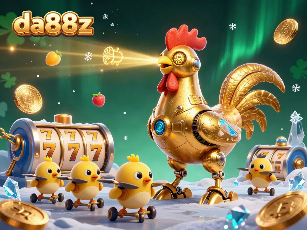 Experience slot games with da88z featuring a dynamic golden rooster robot in a rich 3D casino world.