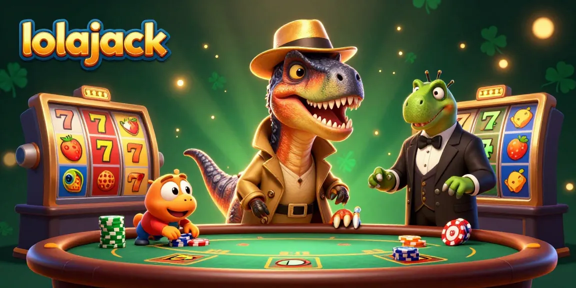 Experience the excitement at Lolajack Casino with a colorful 3D illustration featuring a velociraptor and stegosaurus at a blackjack table.