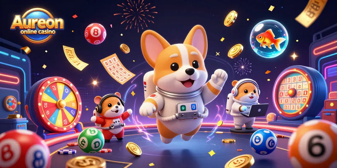 Aureon online casino captures excitement with a cartoon astronaut corgi and golden gaming elements.